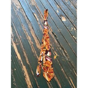 Cellini Collection Mens Silk Tie‎ Tropical Palm Leaf Biplane Print Rust Mustard